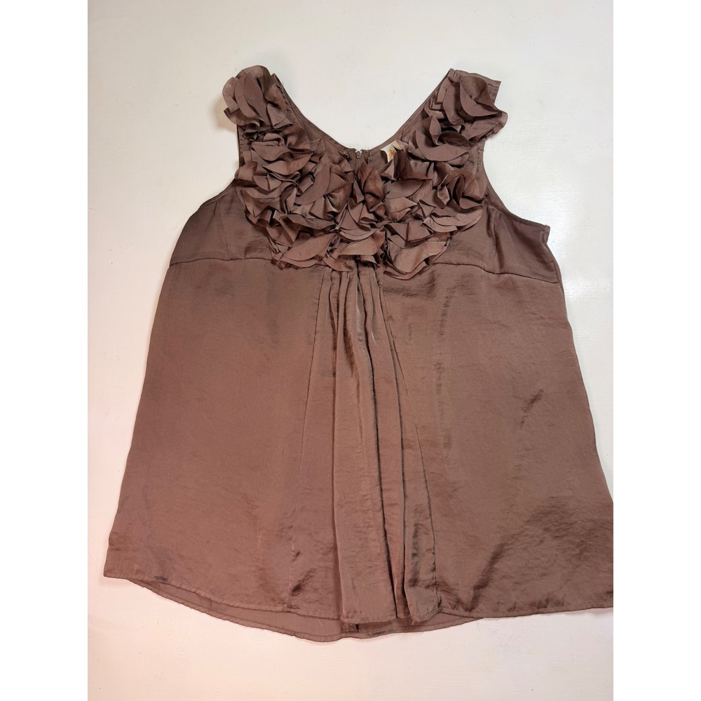 A Diva Ruffle Neck Blouse Womens Large Brown Excellent Satin Sleeveless Top